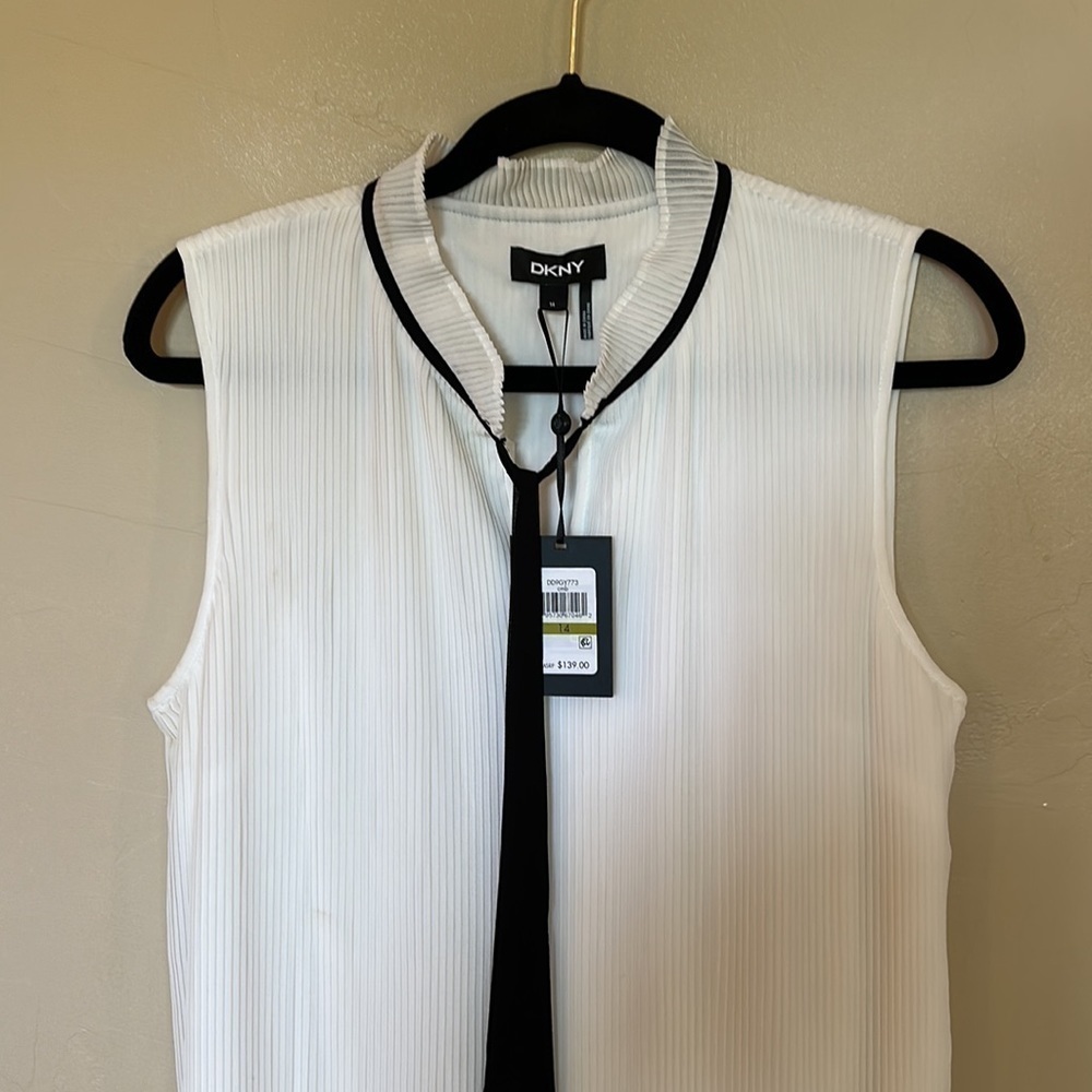 NWT DKNY Ivory Cream & Black Tie-Neck Pleated Sleeveless Shift Dress Sz 14 $139 - Picture 6 of 14